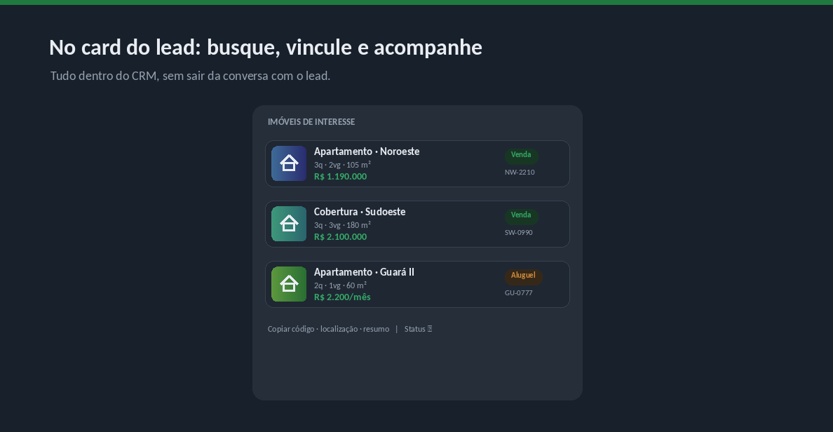 Exemplo do widget Gestão de Imóveis no card de um lead do Kommo